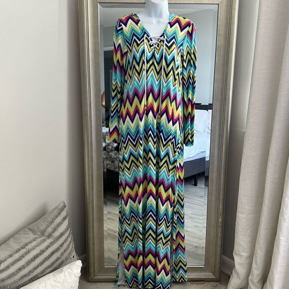 Macbeth Collection Margaret Joseph's Multicolor Hooded Tunic Dress Coverup Sz M - Picture 1 of 8